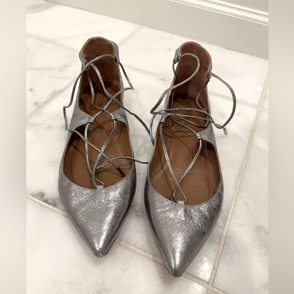 Aquazurra silver metallic lace up flats
